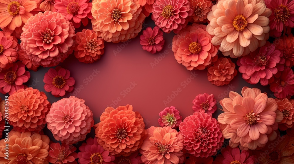 A pink backdrop hosts a cluster of flowers with pink and orange petals, centered by a red blossom A pink backdrop hosts a cluster of flowers with pink and orange petals, centered by a red blossom