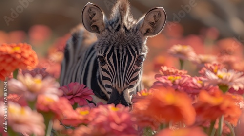   A tight shot of a zebra in a floral field  surrounded by hazy orange and pink blooms