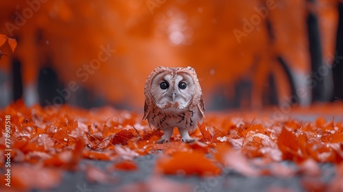   A small owl perches atop a mound of leaves, surrounded by a forest Orangely hued trees form the background photo
