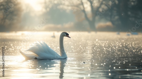   A white swan floats atop a tranquil lake  surrounded by numerous waterfowl