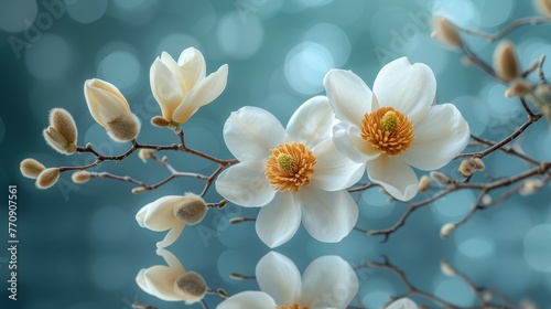   A branch with flowers in focus, background of blurred floral branches © Wall