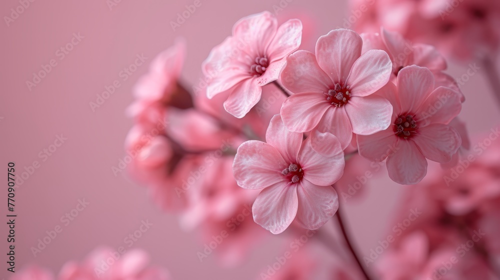   A pink flower, focused closely against a uniform pink backdrop, with soft-blurred flowers in the rearground