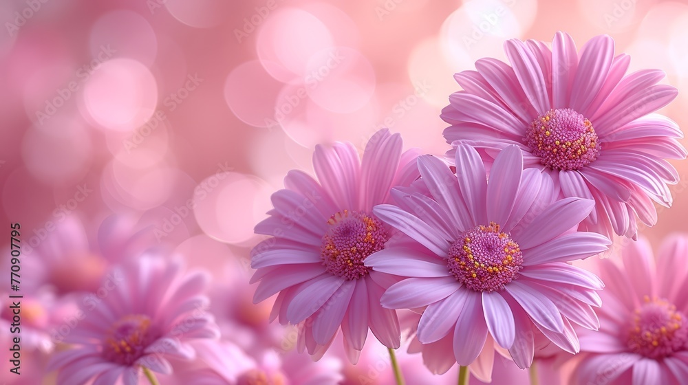   A cluster of pink blossoms atop a bed of pink daisies against a pink backdrop