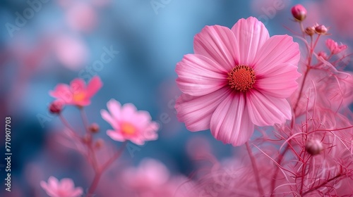   A pink flower  closely framed against a blue backdrop  features pink blossoms in the foreground