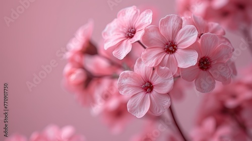   A pink flower  focused closely against a uniform pink backdrop  with soft-blurred flowers in the rearground