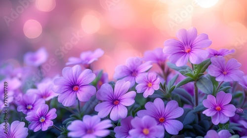  A close-up of numerous purple flowers with a blurred backdrop of bokeh'd light