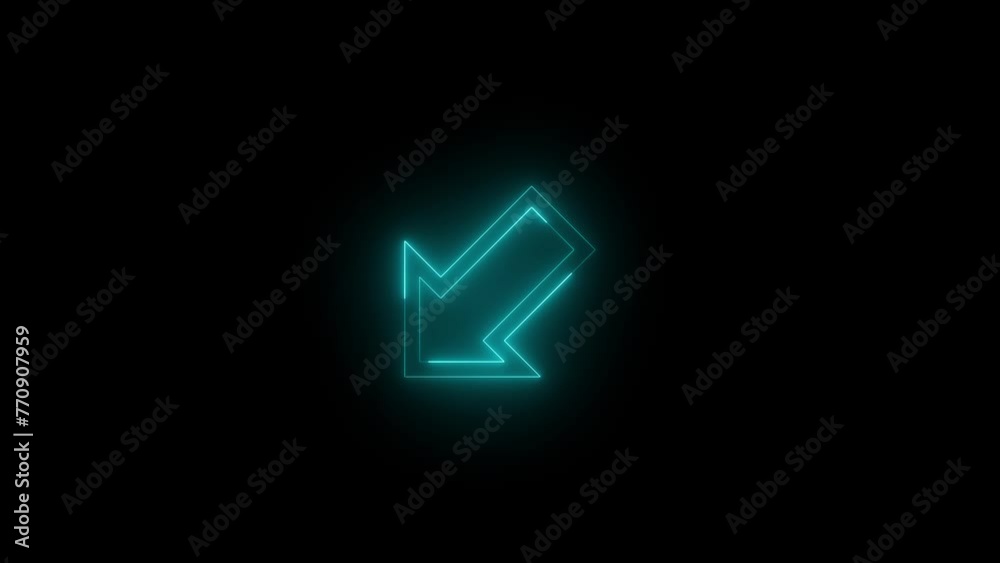 Neon glowing cyan color down left direction arrow icon animation black background Neon glowing cyan color down left direction arrow icon animation black background