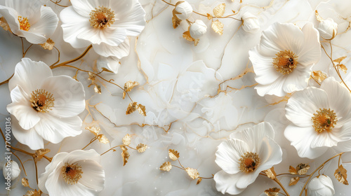 Intricate golden flowers patterned on pristine white marble, capturing elegance. Generative AI © MKDESI9N