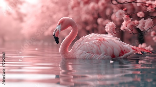   A pink flamingo wades in a body of water, nearby stands a tree laden with pink-flowered branches © Wall