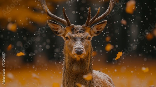  A tight shot of a deer adorned with antlers, amidst snowfall