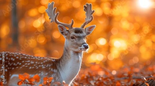   A tight shot of a deer adorned with antlers, gazing in a crimson leaf field photo