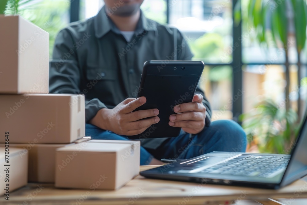work at home Use smartphones and laptops for commercial checking, online marketing, packing boxes work at home Use smartphones and laptops for commercial checking, online marketing, packing boxes
