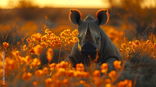  A tight shot of a rhino resting in a flower-filled meadow, its head angled towards the side