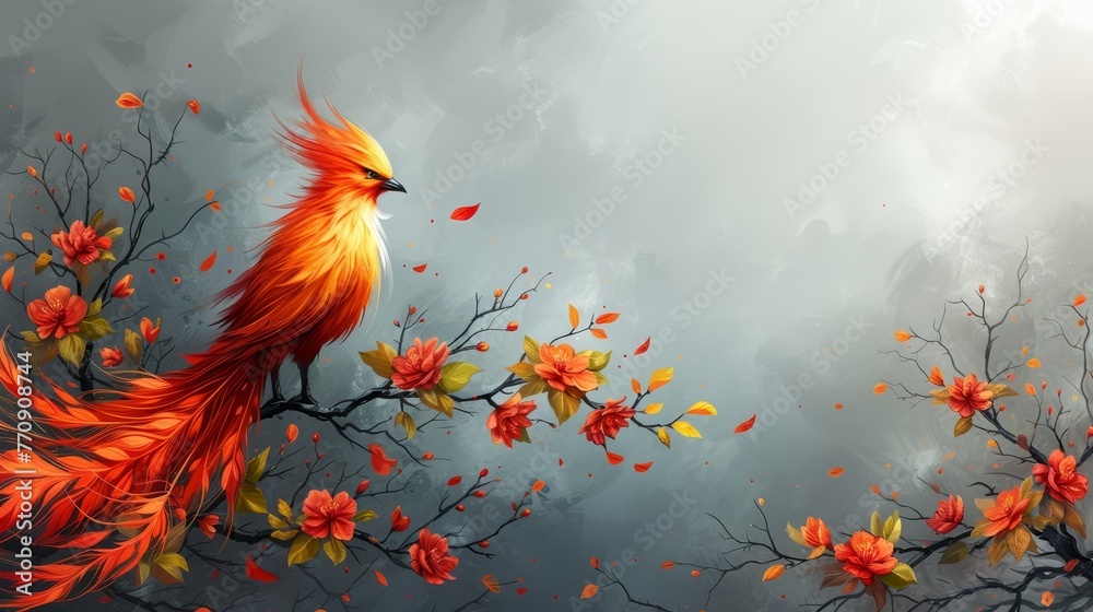   A bird sits atop a tree branch against a backdrop of gray sky Red and yellow flowers bloom before it