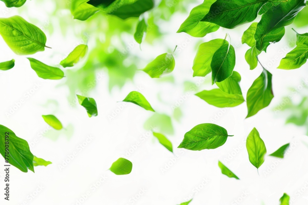 Fresh green leaves fluttering in the air on a bright white background