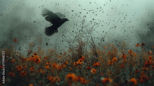   A large black bird soars above a field teeming with wildflowers In the sky, a flock of birds takes flight