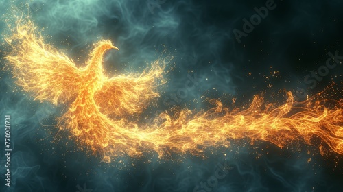   A firebird soars against a backdrop of black, its vivid wings and tail blazing with fiery yellow and red flames © Wall