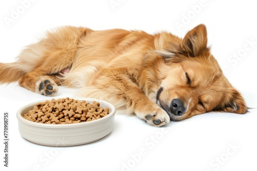Fat dog sleeps a bowl of pet food on white background