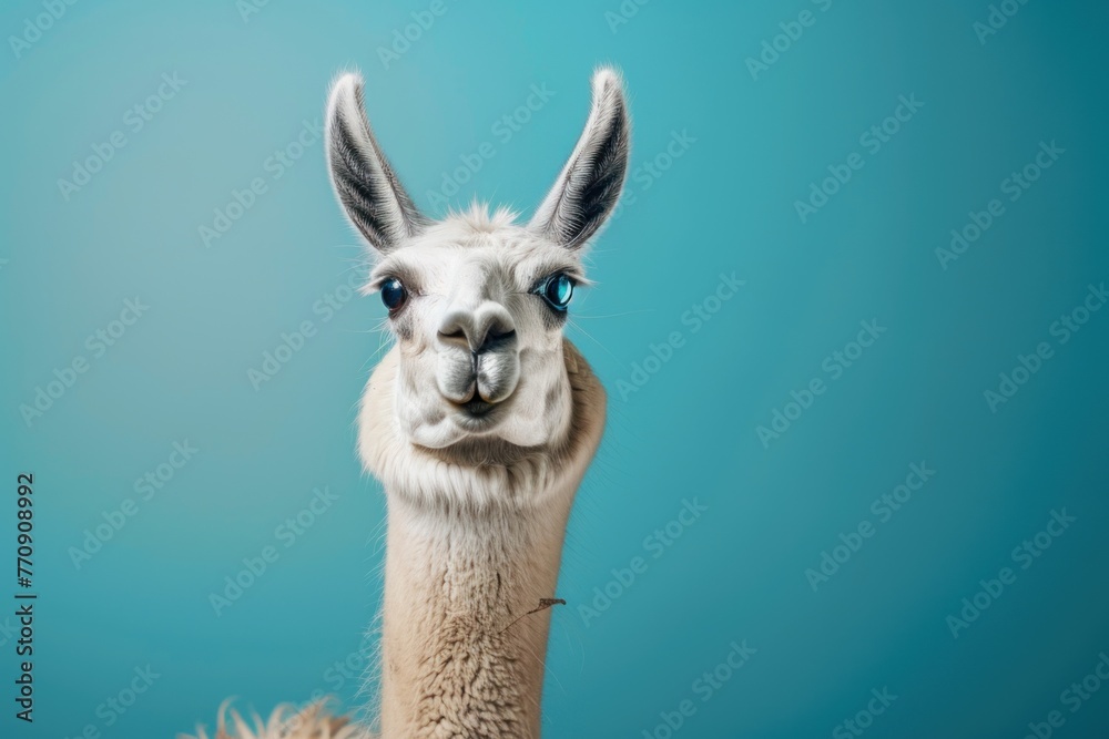 Obraz premium funny surprised llama raising hand on isolated color background