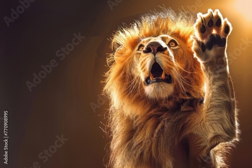 funny surprised lion raising hand