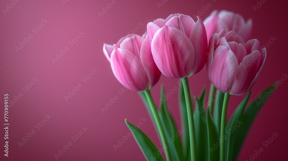 Fototapeta premium A vase filled with pink tulips against a pink backdrop