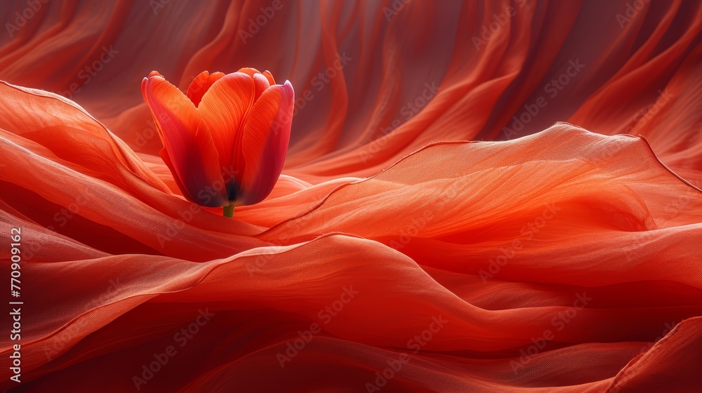 Obraz premium A red tulip atop a bed; draped in a scarlet coverlet, a red blanket lies hidden beneath