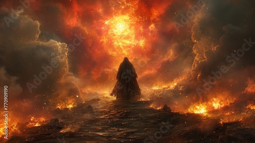  A person stands in a body of water, gazing at an orange and red fire-filled sky