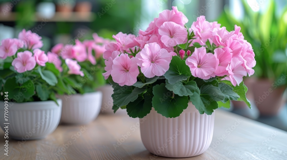 A collection of pink blooms sits atop a wooden table, adjacent to potted plants on the same table A collection of pink blooms sits atop a wooden table, adjacent to potted plants on the same table