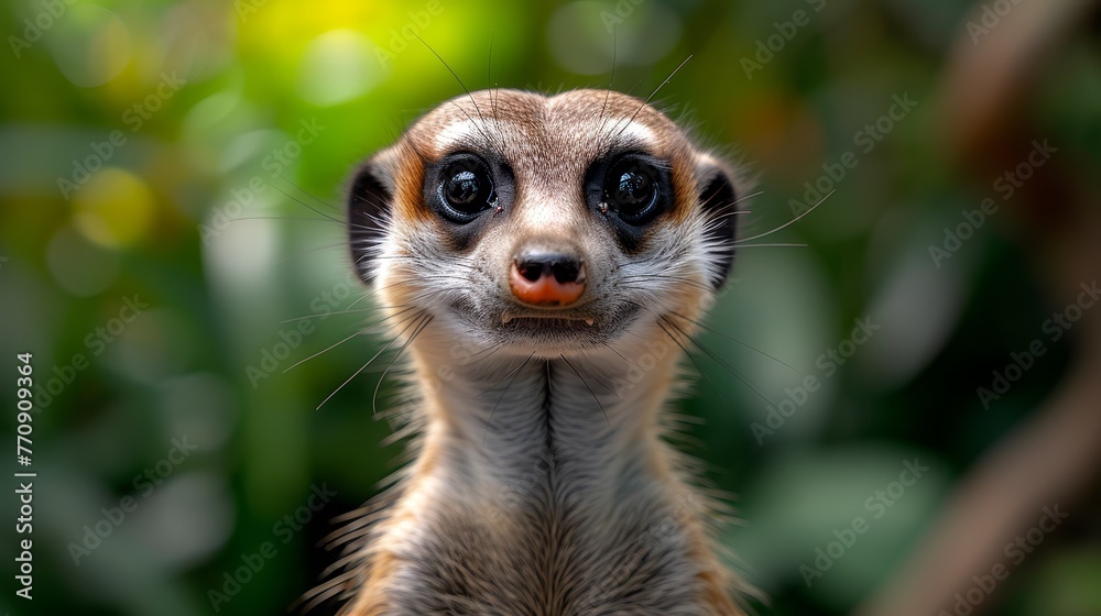 A tight shot of a meerkat's expressive face gazing into the camera, background softly blurred A tight shot of a meerkat's expressive face gazing into the camera, background softly blurred