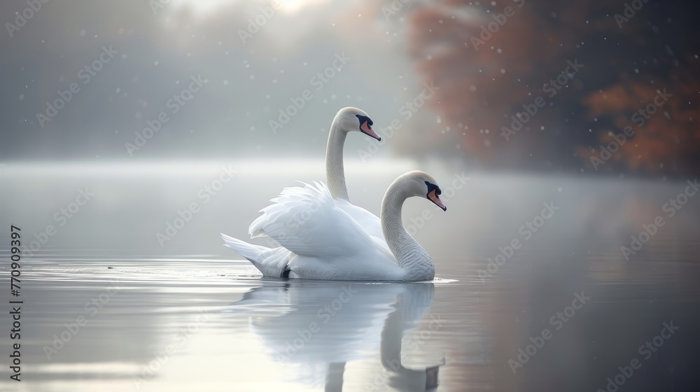   A couple of white swans glide atop a mist-covered lake in a forest, surrounded by trees