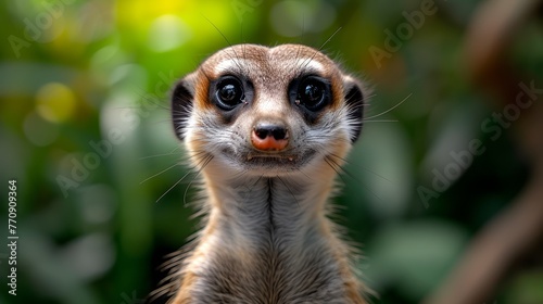  A tight shot of a meerkat's expressive face gazing into the camera, background softly blurred