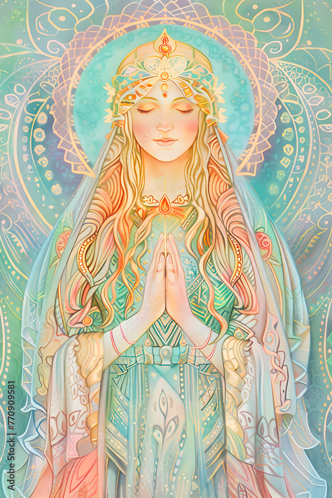 Obraz premium The high priestess in beautiful garments on green background