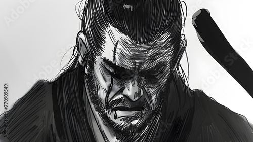 high contrast black and white drawing of samurai crying by Joseph clement coll

 photo
