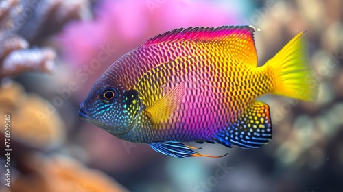  A tight shot of a vibrant fish in an aquarium, surrounded by corals in the foreground