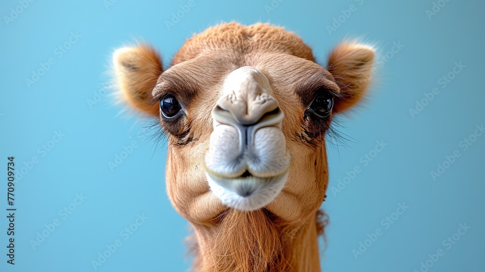 Obraz premium A tight shot of a camel's face against a backdrop of a clear blue sky