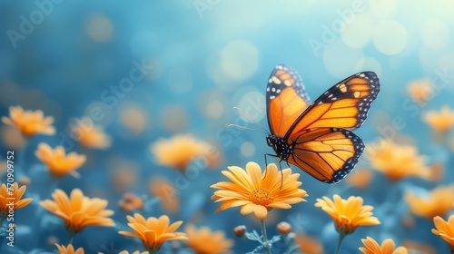  A tight shot of a butterfly flitting above a blooming flower field against a backdrop of blue sky and bright sun