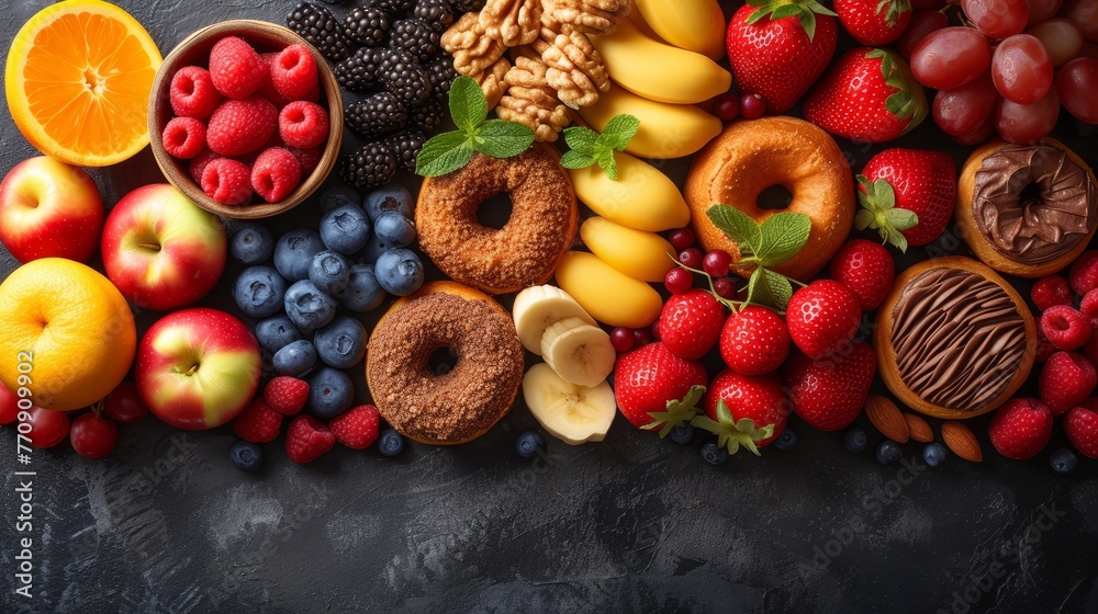 A selection of fruits and pastries is organized horizontally against a black backdrop with a gray background A selection of fruits and pastries is organized horizontally against a black backdrop with a gray background