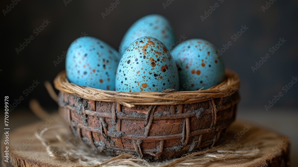   A basket holding blue speckled eggs sits atop a weathered wooden table, nearby rests a single piece of wood