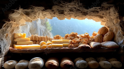   A selection of breads and pastries is arranged in a cave-like setting against a backdrop of a blue sky