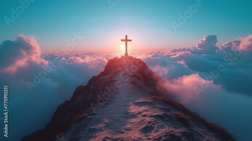  A cross atop a mountain, shrouded in clouds, backlit by a radiant source