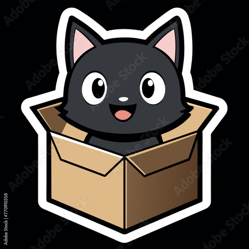 Cute cat in a box. Colorful kitten in gift box. Cat sticker on black background. Surprise in cardboard box. Cartoon sticker pet emoji. Cartoon logo icon badge, design Vector illustration.
