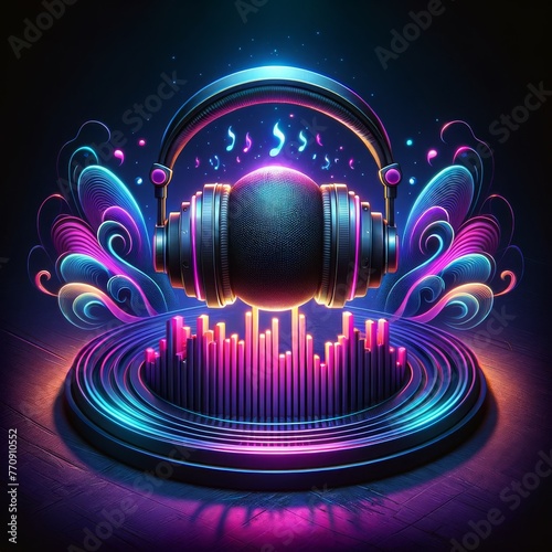 Neon Glowing Headphones with Sound Wave Visualization