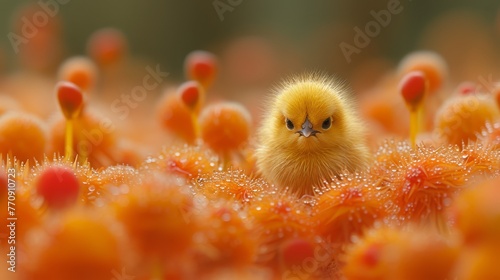  A tight shot of a small yellow bird amidst an orange flower field, with dewdrops on petal tips