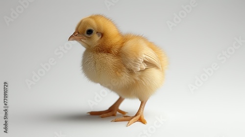  A small yellow chicken stands on one leg  gazing sadly into the camera