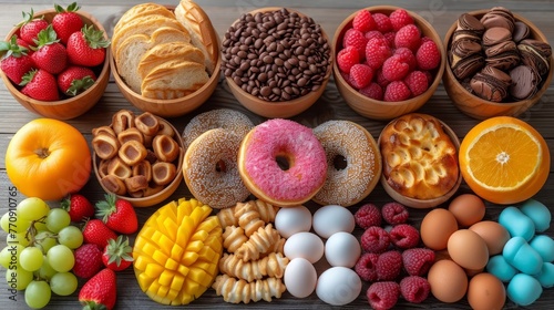   A table laden with various doughnuts and pastries, fruits, and chocolates
