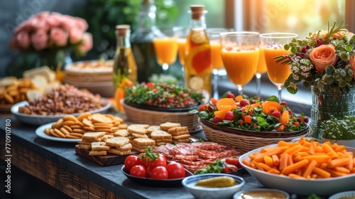  A table laden with plates of food and glasses of orange juice, adjacent to bottles of orange juice