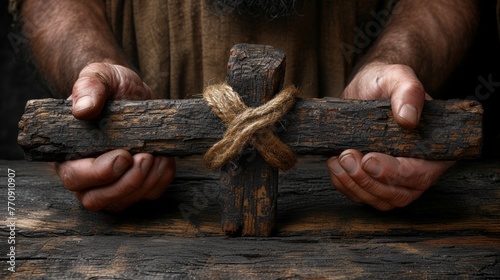   A tight shot of an individual grasping a wooden cross with a central crease, secured by a lengthy rope photo