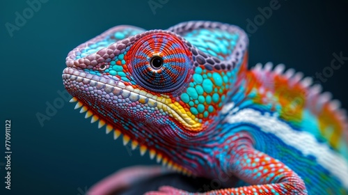   A colorful chameleon's head, with open mouth, against a black background