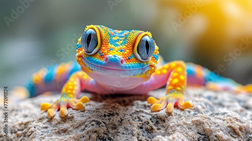   A tight shot of a vivid gecko perched on a rock, showcasing its facial design in hues of yellow and blue