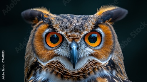  A tight shot of an owl's expressive face, highlighted by its vibrant orange and yellow eyes